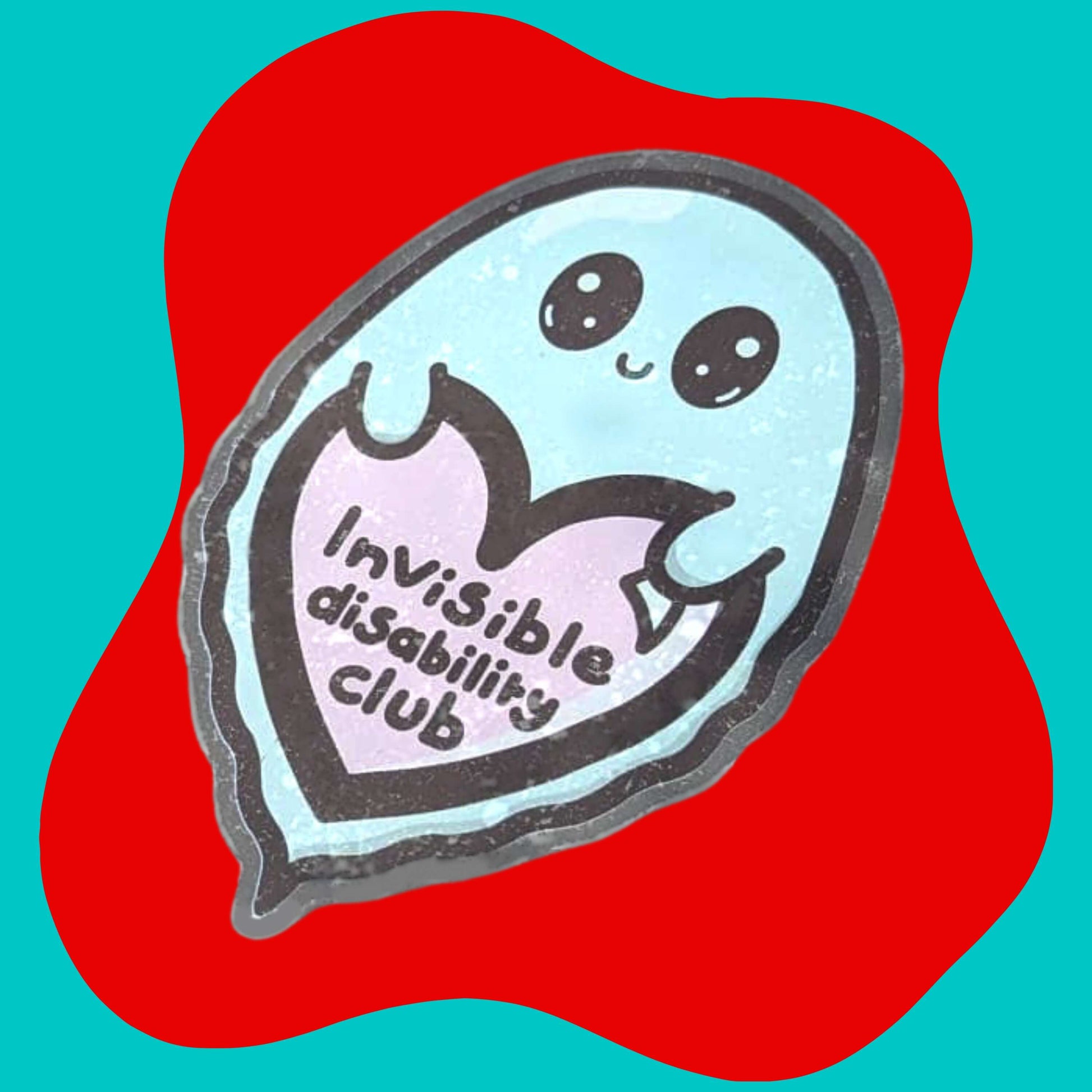 The Invisible Disability Club Ghost Window Cling on a red and blue background. The pastel blue smiling Ghost window sticker has big sparkly eyes holding a pastel pink heart with black text reading 'invisible disability club'. The hand drawn design is raising awareness for hidden disabilities and invisible illnesses.