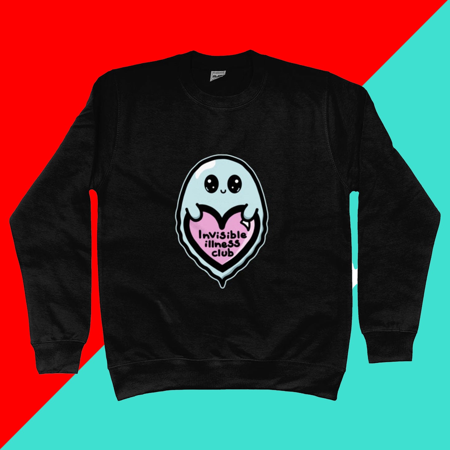 The Invisible Illness Club Sweatshirt Jumper on a red and blue background. The black sweater features a smiling pastel blue ghost with big sparkly eyes holding up a pastel pink heart with black text reading 'invisible illness club'. The hand drawn design is raising awareness for hidden disabilities.