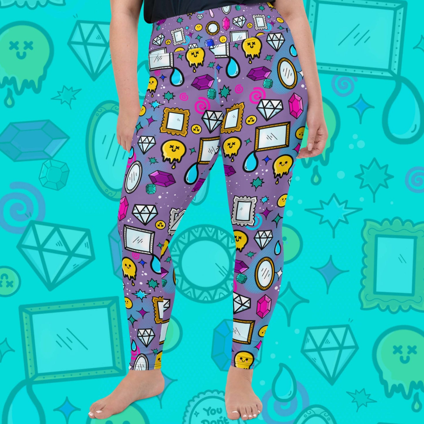 The You Don't Look Sick Plus Size Leggings modelled by a femme person wearing a black tee on a blue background with a faded version of the print. The purple base leggings features melting yellow smiley faces, mirrors, gemstones, teardrops, sparkles, swirls and dots with a centre hand held mirror reading 'you don't look sick'. The hand drawn design is raising awareness for invisible illnesses.