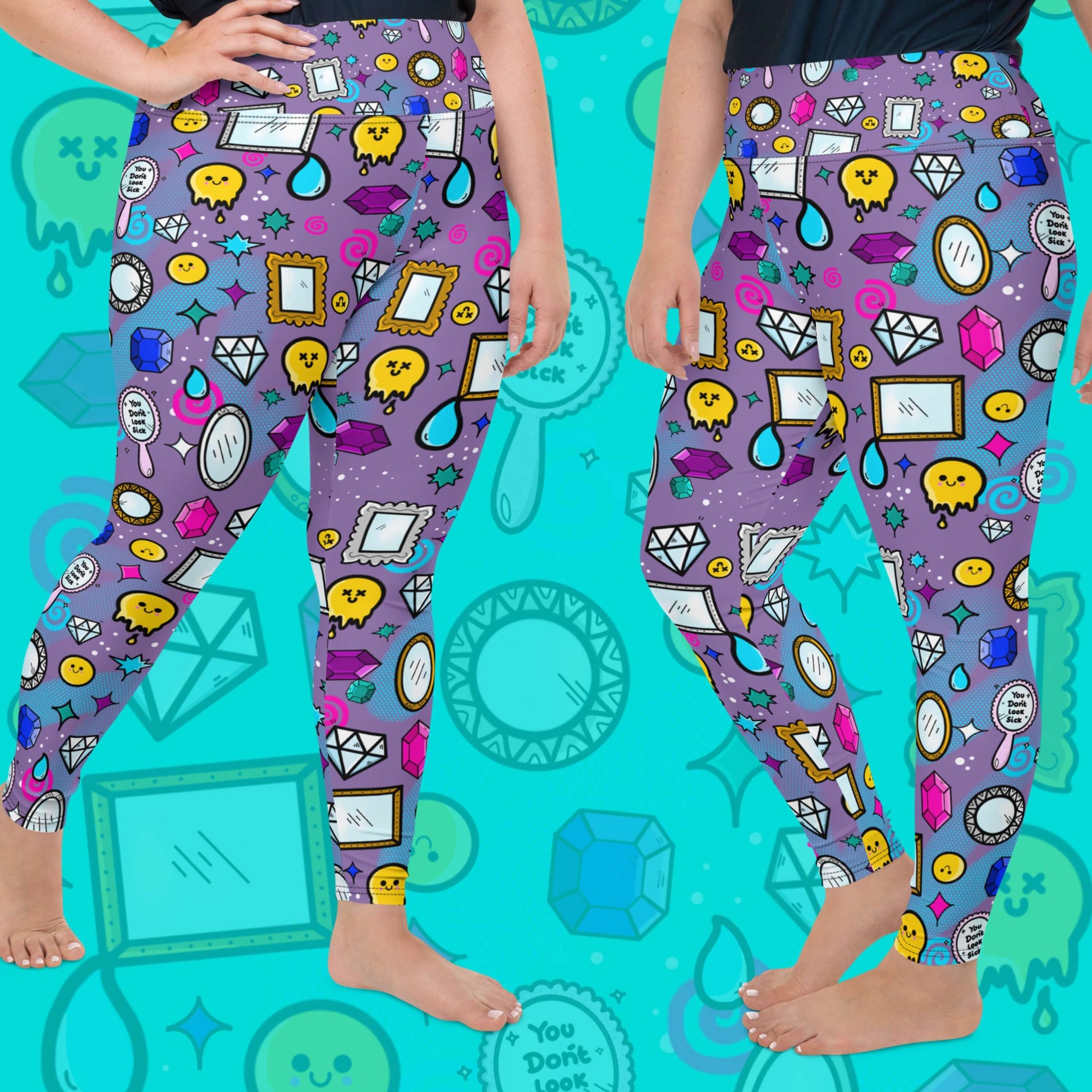 The You Don't Look Sick Plus Size Leggings modelled by a femme person wearing a black tee on a blue background with a faded version of the print. The purple base leggings features melting yellow smiley faces, mirrors, gemstones, teardrops, sparkles, swirls and dots with a centre hand held mirror reading 'you don't look sick'. The hand drawn design is raising awareness for invisible illnesses.