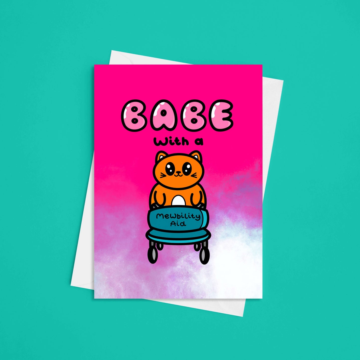 A hot pink and white greeting card with a cute ginger cat holding a blue mobility aid. 'Babe with a mewbility aid' is written on the card. The cards pairing white envelope is sat underneath the card. The background of the photo is blue. Design inspired by disabilities and chronic illness.