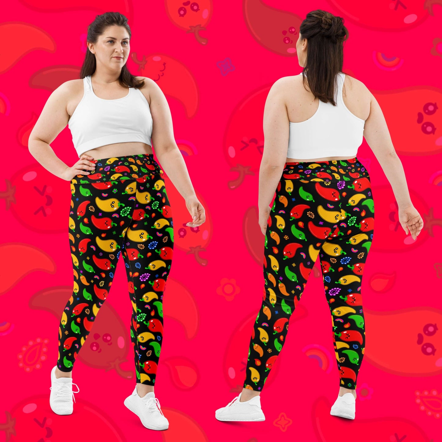 Black leggings with red, green, orange and yellow chilli peppers with cute faces on and various cute doodles around them shown on model. The background of the photo is a faded close up of the print. The hand drawn design is raising awareness for neurodiversity.