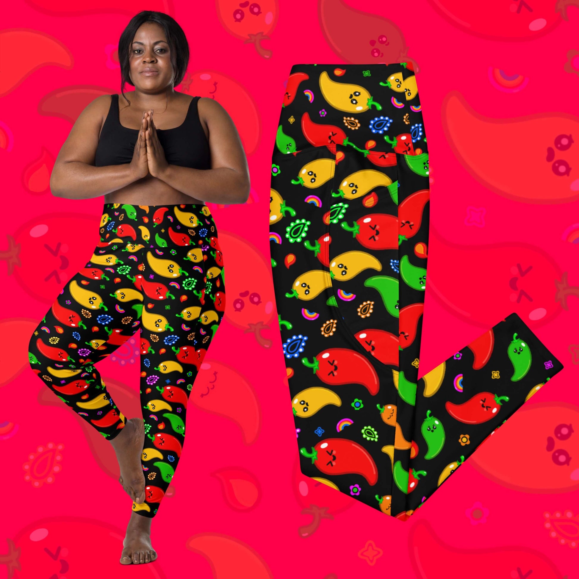 Black leggings with pockets with red, green, orange and yellow chilli peppers with cute faces on and various cute doodles around them shown on a model who is doing a yoga pose.  The background of the photo is a faded close up of the print. The hand drawn design is raising awareness for neurodiversity. 