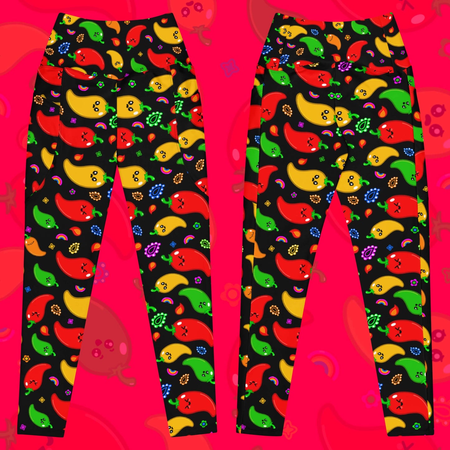Black leggings with pockets with red, green, orange and yellow chilli peppers with cute faces on and various cute doodles around them. The background of the photo is a faded close up of the print. The hand drawn design is raising awareness for neurodiversity. 