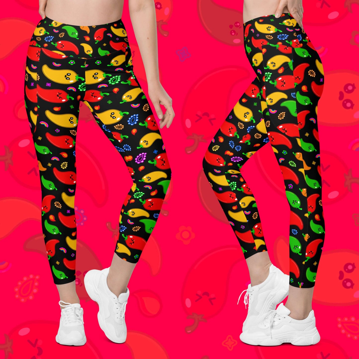 Black leggings with pockets with red, green, orange and yellow chilli peppers with cute faces on and various cute doodles around them shown on a model who has one leg bent and the other straight. The background of the photo is a faded close up of the print. The hand drawn design is raising awareness for neurodiversity. 