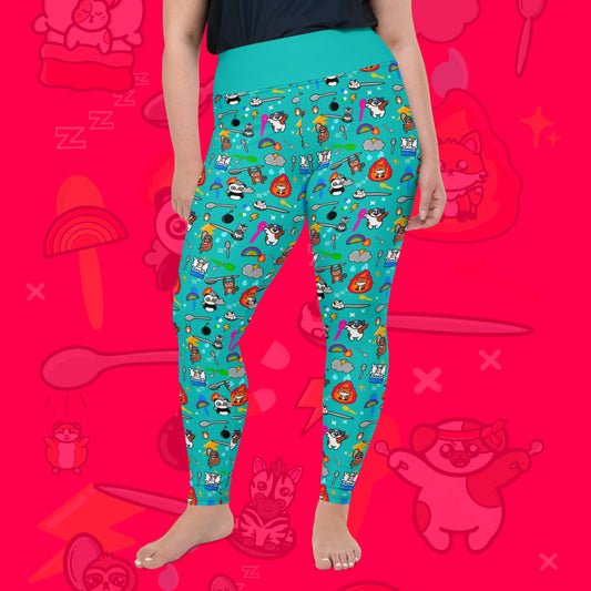 The Spoonie Plus Size Leggings modelled on a red background with a faded version of the print in the background. The blue leggings feature various invisible illness themed animals, rainbows, spoons, sparkles, flames, pills and lightning bolts. Raising awareness for hidden disabilities.