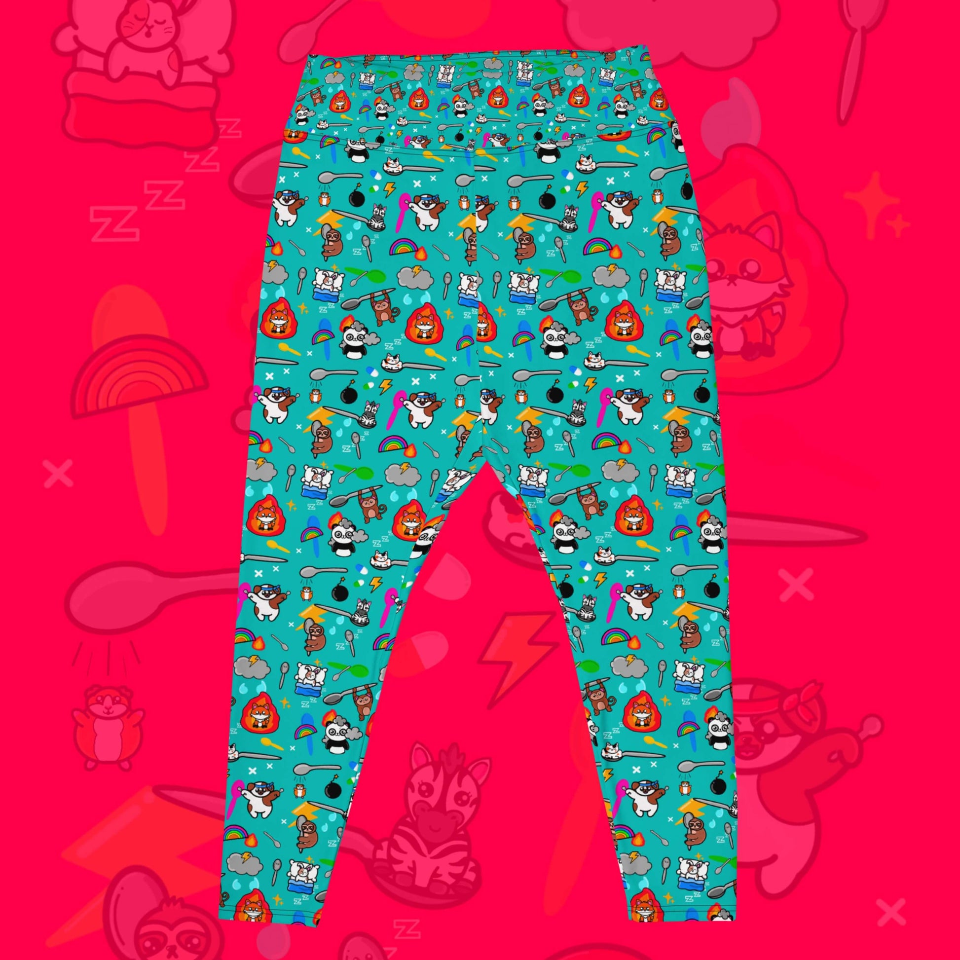 The Spoonie Plus Size Leggings on a red background with a faded version of the print in the background. The blue leggings feature various invisible illness themed animals, rainbows, spoons, sparkles, flames, pills and lightning bolts. Raising awareness for hidden disabilities.