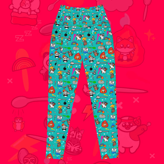 The Spoonie Leggings with Pockets on a red background with a faded version of the print in the background. The blue leggings feature various invisible illness themed animals, rainbows, spoons, sparkles, flames, pills and lightning bolts. Raising awareness for hidden disabilities.