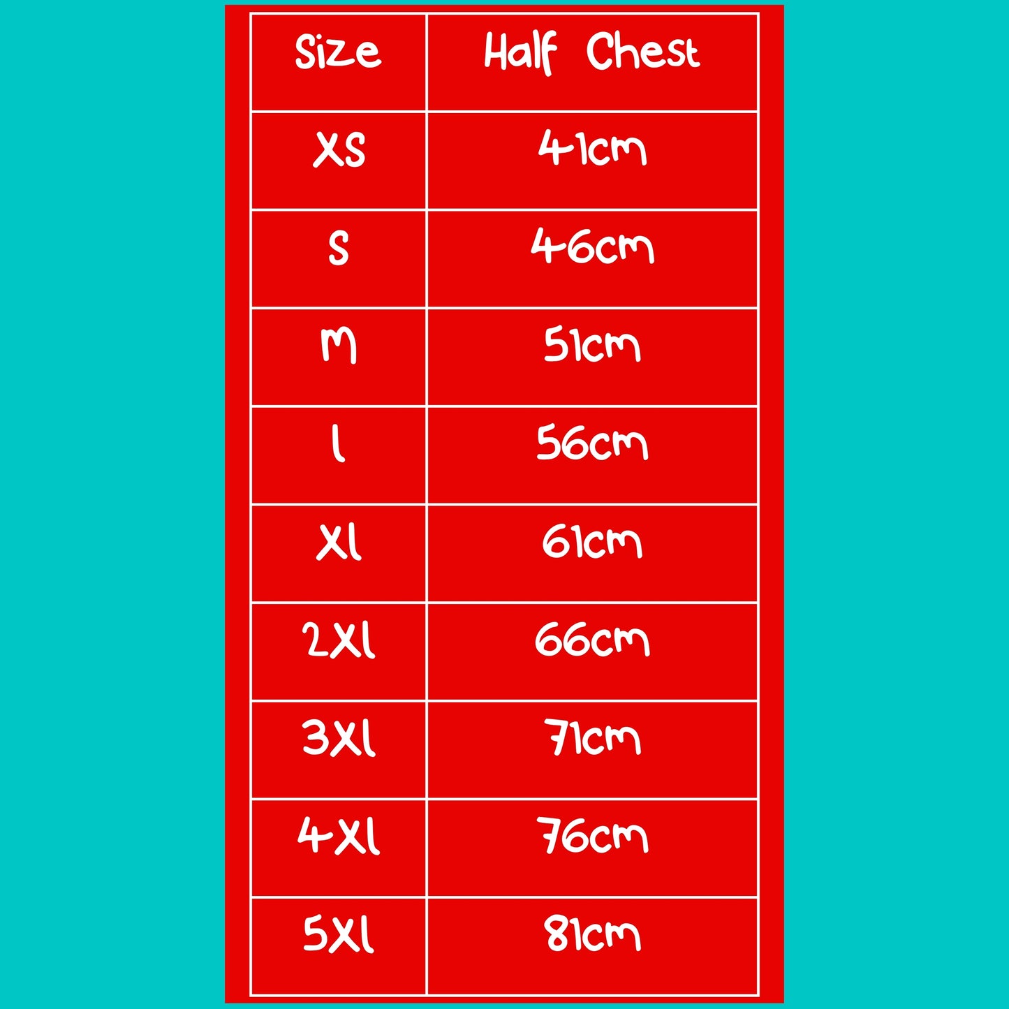 Innabox t-shirt size guide showing half chest measurements in centimetres for sizes XS to 5XL. Inclusive sizing chart displayed on a red background with clear white text, helping customers choose the right fit for this unisex disability awareness t-shirt.