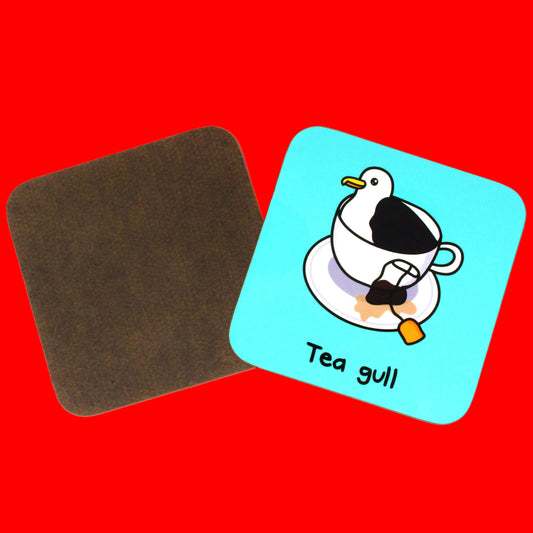 Tea Gull Seagull Coaster on a red background, the collage shows the front and plain wooden back. The aqua blue wooden coaster has an illustration of a seagull inside of a tea cup and saucer with a used tea bag on the side.