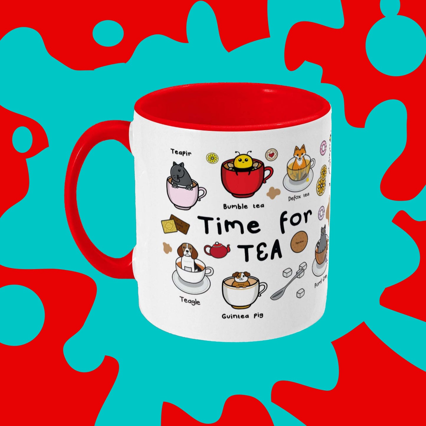 Time For Tea Mug on a red and blue background. The white mug has a red handle and inside with various Innabox animal illustrations in tea and coffee cups with biscuits, spoons and sugar cubes. There are also various tea puns on the mug in black text.