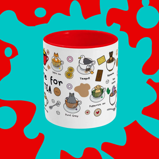 Time For Tea Mug on a red and blue background. The white mug has a red handle and inside with various Innabox animal illustrations in tea and coffee cups with biscuits, spoons and sugar cubes. There are also various tea puns on the mug in black text.