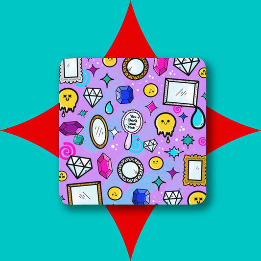 The You Don't Look Sick Coaster on a red and blue background. The purple square wooden coaster features melting yellow smiley faces, mirrors, gemstones, teardrops, sparkles, swirls and dots with a centre hand held mirror reading 'you don't look sick'. The hand drawn design is raising awareness for invisible illnesses.