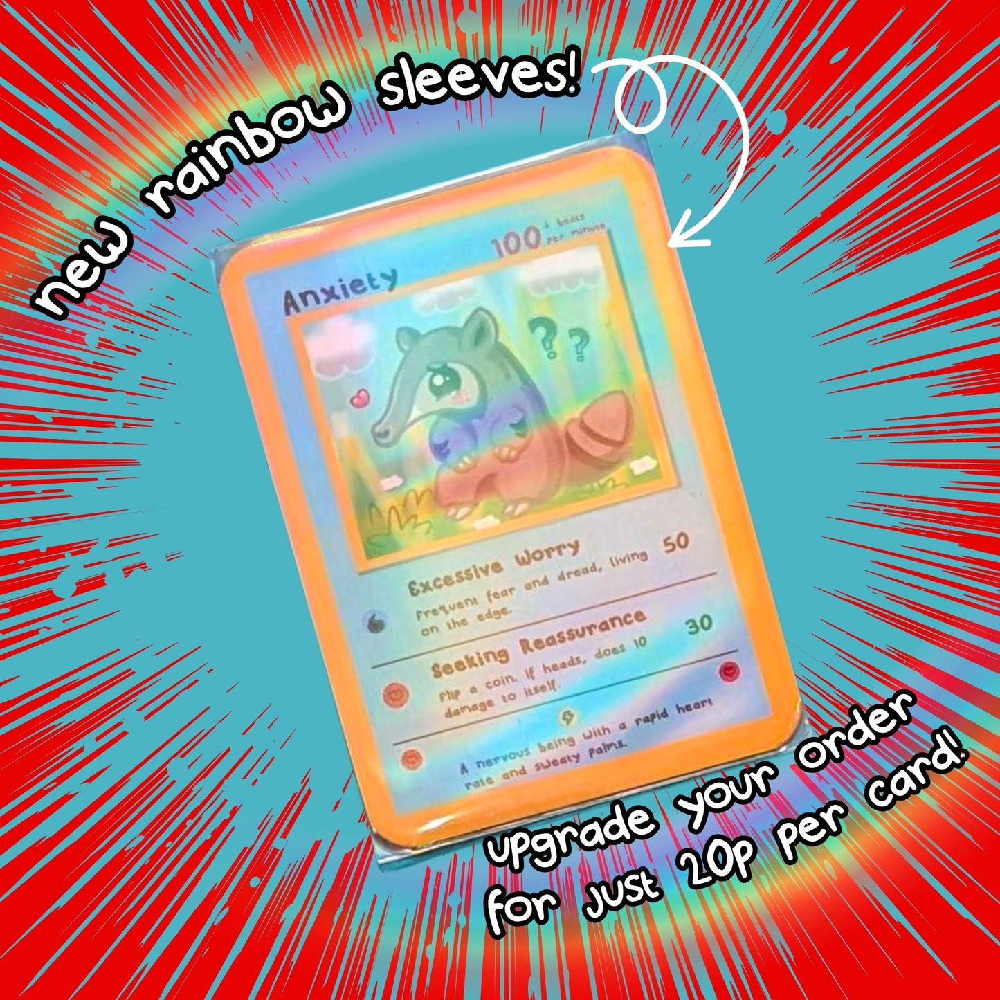 An Anxiety trading card from Innabox featuring a grey anteater character is displayed inside a rainbow holographic sleeve against a red and blue comic-style background. Text reads: “New rainbow sleeves! Upgrade your order for just 20p per card!”