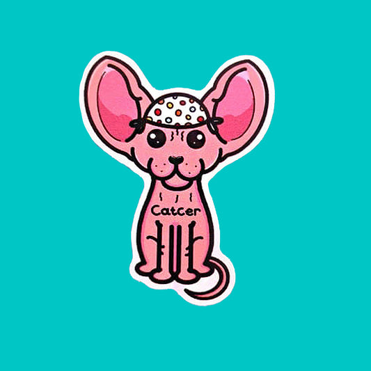 The Catcer Cat Sticker - Cancer on a blue background. The sticker is a pink hairless sphynx cat wearing a white medical cap with rainbow polka dots, across its chest reads 'Catcer'. Designed to raise awareness for cancer.