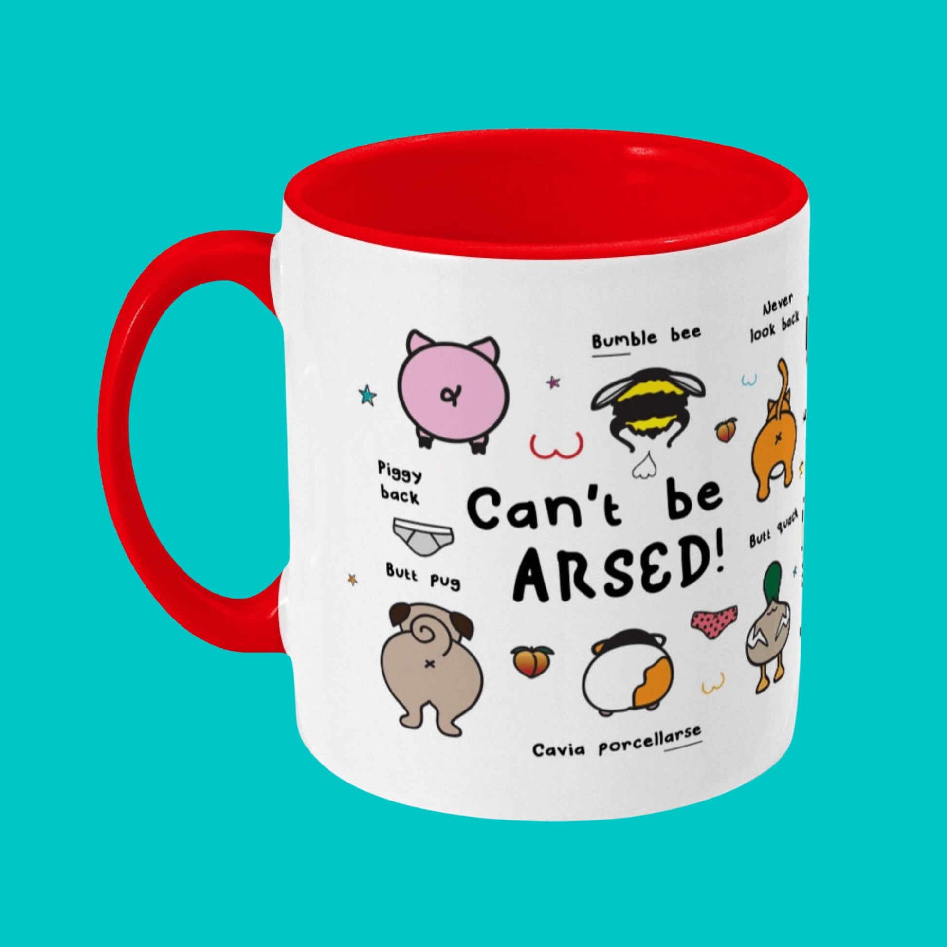 The Can't Be Arsed Mug on a blue background. The white mug with a red handle and inside features various animal bums with underwear, chest outlines, peaches and multicoloured stars. The mug is facing right which shows pig - piggy back, bumble bee - bum ble bee, pug - butt pug, guinea pig - cavia porcellarse, duck - butt quack and cat - never look back, bums.