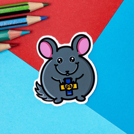 A Chinchilla Sticker in grey with big pink ears with DS written in a heart on a banner. It is a on a red and blue background