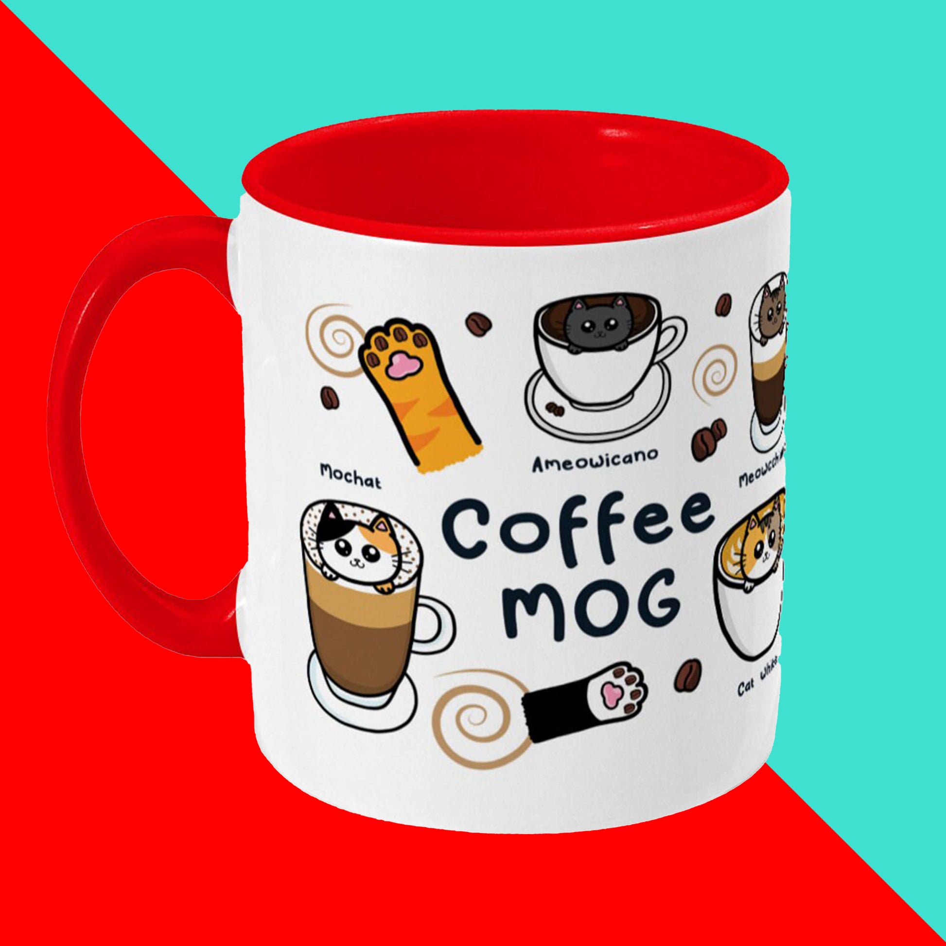 The Coffee Mog Cat Mug on a red and blue background. The cat themed white coffee mug with red inner and handle is facing right to show black text reading 'coffee mog' and illustrations of cat paw toe coffee beans, mochat (tortoiseshell cat inside a mocha), ameowicano (black cat in a black coffee), coffee beans and brown swirls.