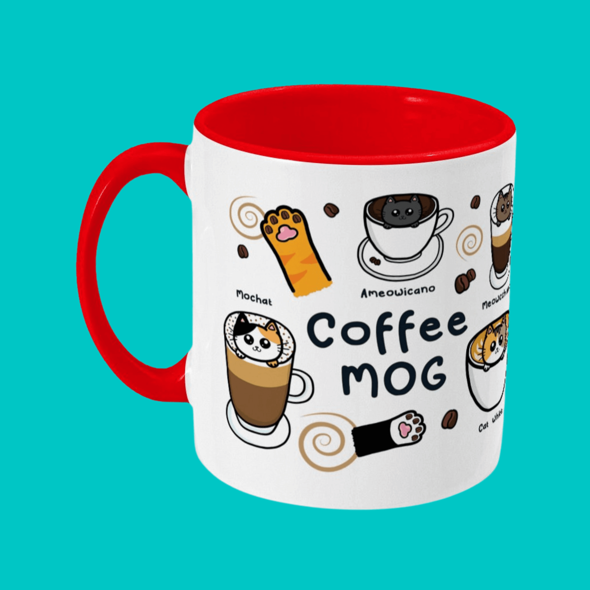 The Coffee Mog Cat Mug on a blue background. The cat themed white coffee mug with red inner and handle is facing right to show black text reading 'coffee mog' and illustrations of cat paw toe coffee beans, mochat (tortoiseshell cat inside a mocha), ameowicano (black cat in a black coffee), coffee beans and brown swirls.