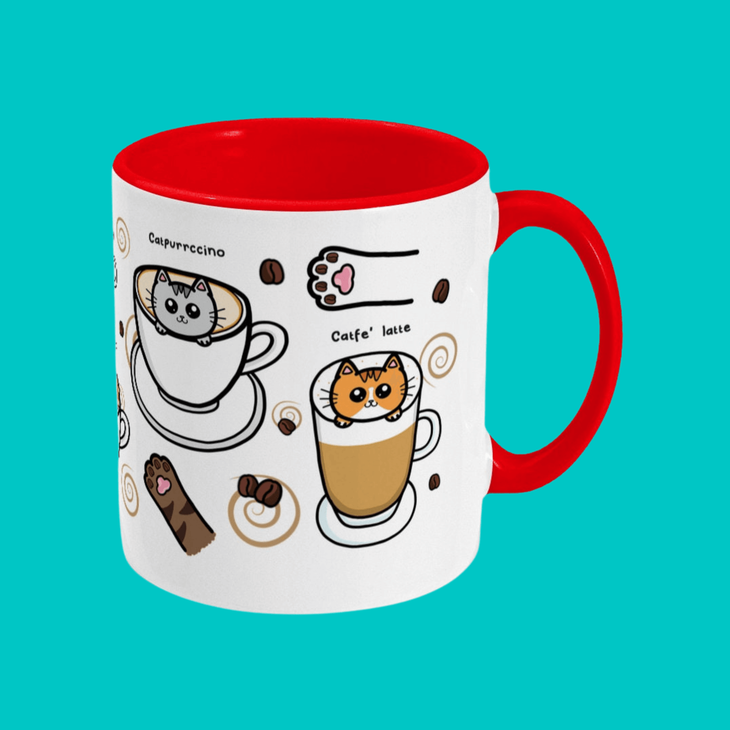 The Coffee Mog Cat Mug on a blue background. The cat themed white coffee mug with red inner and handle is facing left to show illustrations of cat paw toe coffee beans, catpurrccino (a grey cat in a cappuccino), catfe' latte (an orange cat in a latte) with coffee beans and brown swirls.