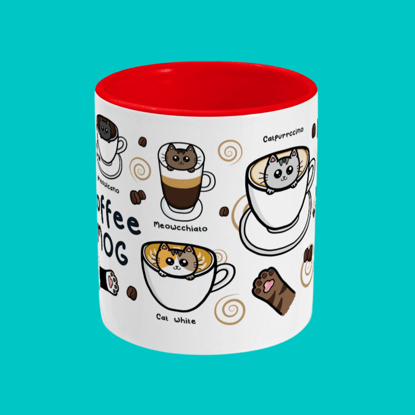 The Coffee Mog Cat Mug on a blue background. The cat themed white coffee mug with red inner and handle is facing forward to show illustrations of cat paw toe coffee beans, meowcchiato (a brown cat in a mochiatto), cat white (a tortoiseshell cat in a flat white), catpurrccino (a grey cat in a cappuccino) with coffee beans and brown swirls.