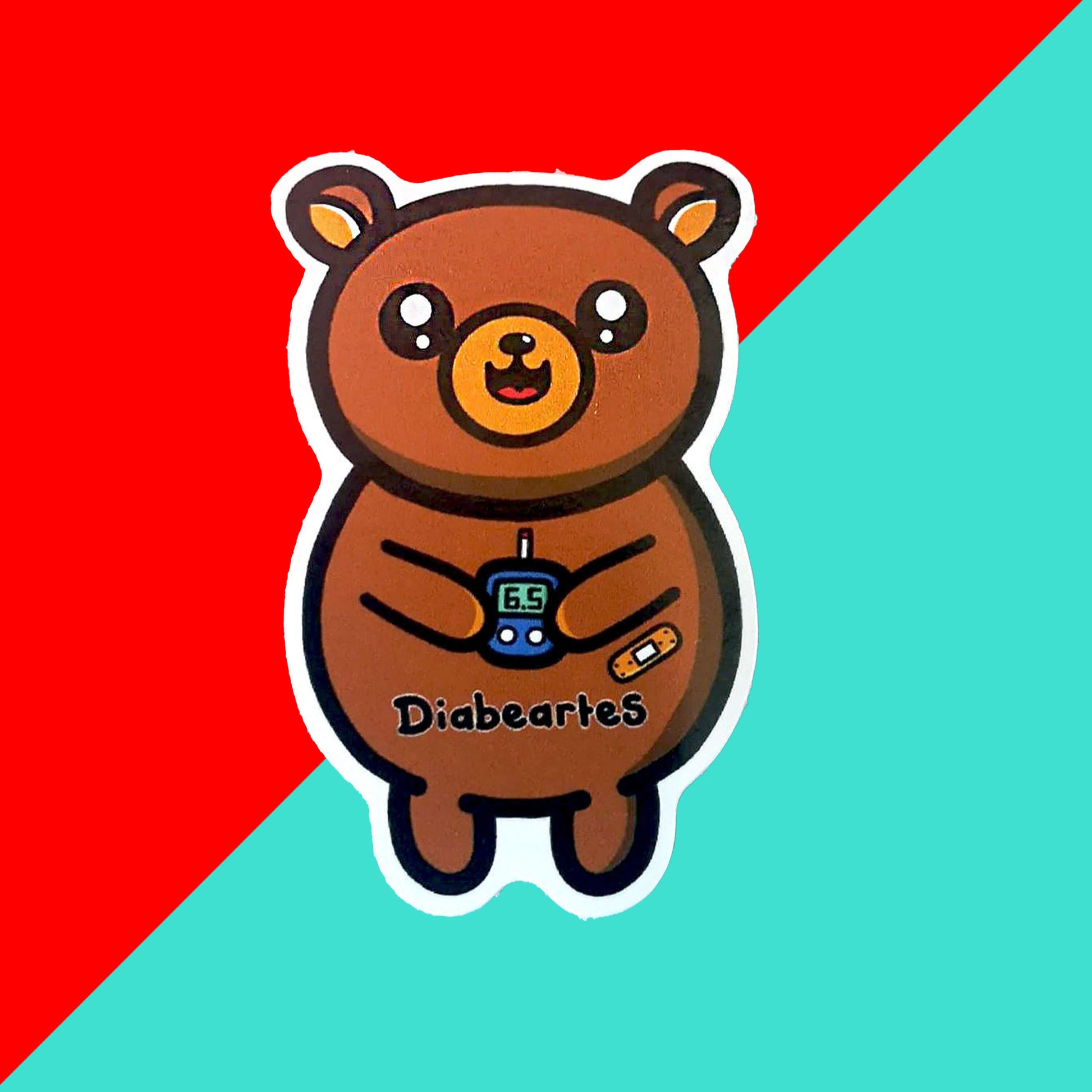 The Diabeartes Sticker - Diabetes on a red and blue background. The brown bear shaped sticker is smiling holding a blood glucose reader with a plaster on its arm, across its tummy reads 'diabeartes' in black. The design is raising awareness for those with type 1 diabetes and type 2 diabetes.