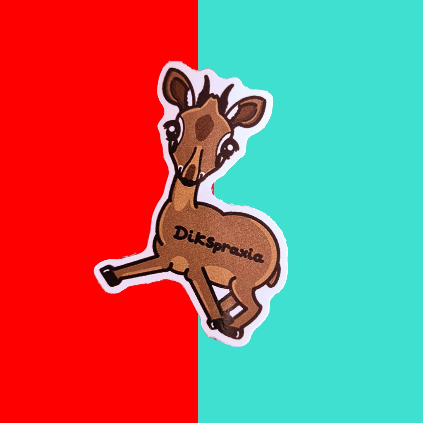 The Dikspraxia Sticker - Dyspraxia on a red and blue background. The brown dik dik antelope shaped sticker has its two front legs splayed chaotically with black text reading 'dikspraxia' across its middle. The design is raising awareness for dyspraxia and neurodivergence.