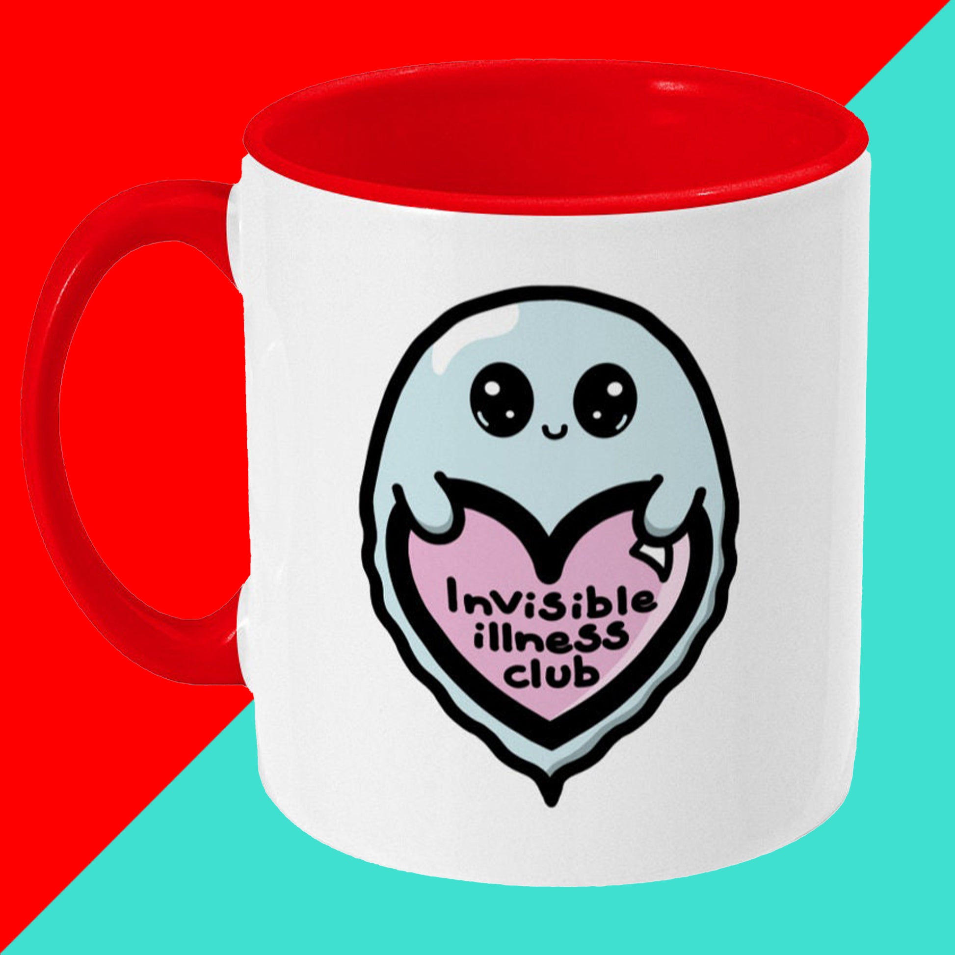 Invisible Illness Club Mug on a red and blue background. The white mug with red handle and inside has an illustration of a cute smiling ghost holding a pink heart with text saying invisible illness club. Hand drawn design made to raise awareness for hidden and chronic illnesses.