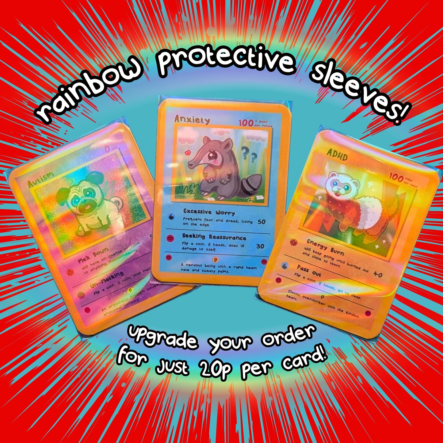 Three Innabox trading cards – Autism, Anxiety, and ADHD – are shown inside shimmering rainbow protective sleeves with a bright red and blue comic-style background. Text reads: “Rainbow protective sleeves! Upgrade your order for just 20p per card!”