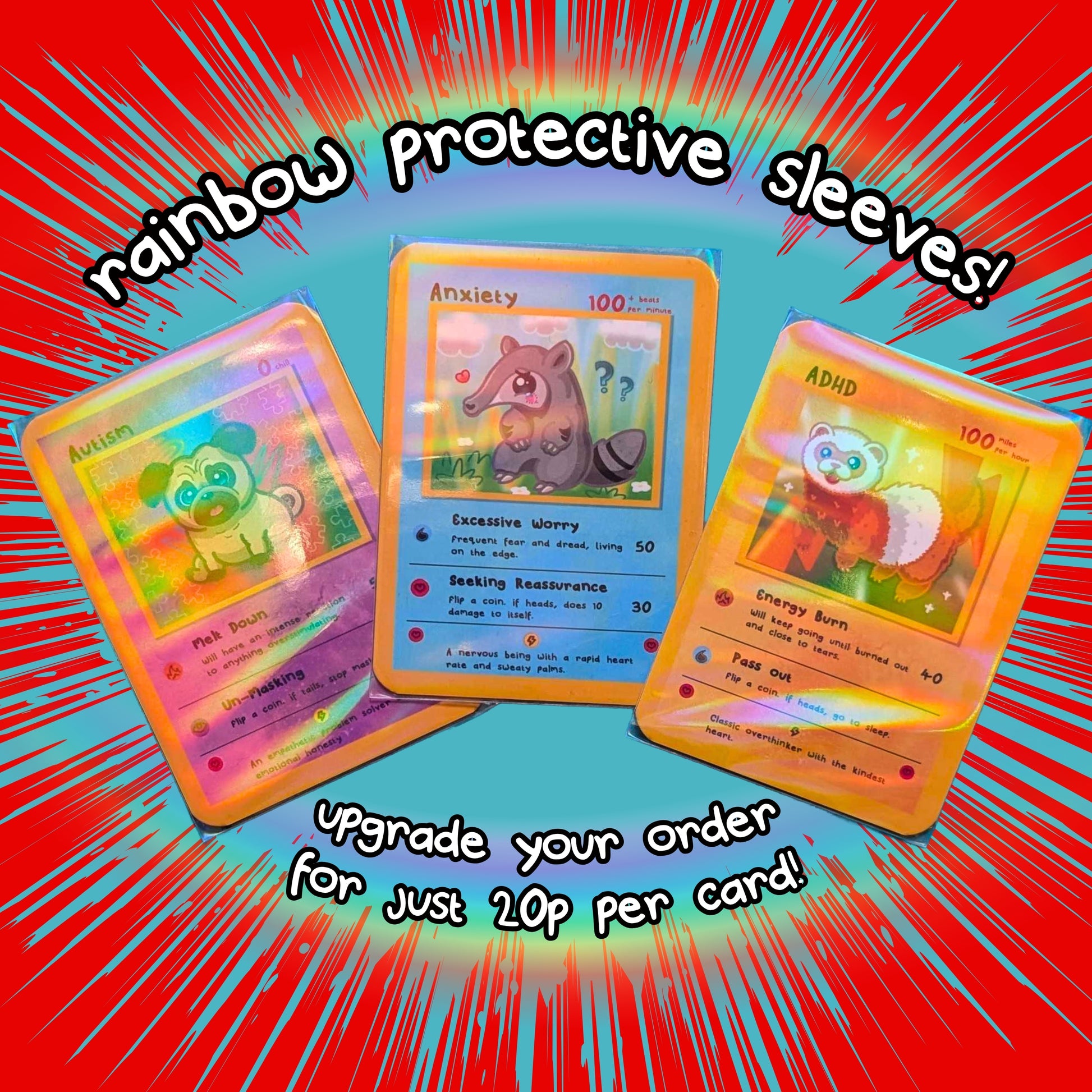 Three Innabox trading cards – Autism, Anxiety, and ADHD – are shown inside shimmering rainbow protective sleeves with a bright red and blue comic-style background. Text reads: “Rainbow protective sleeves! Upgrade your order for just 20p per card!”