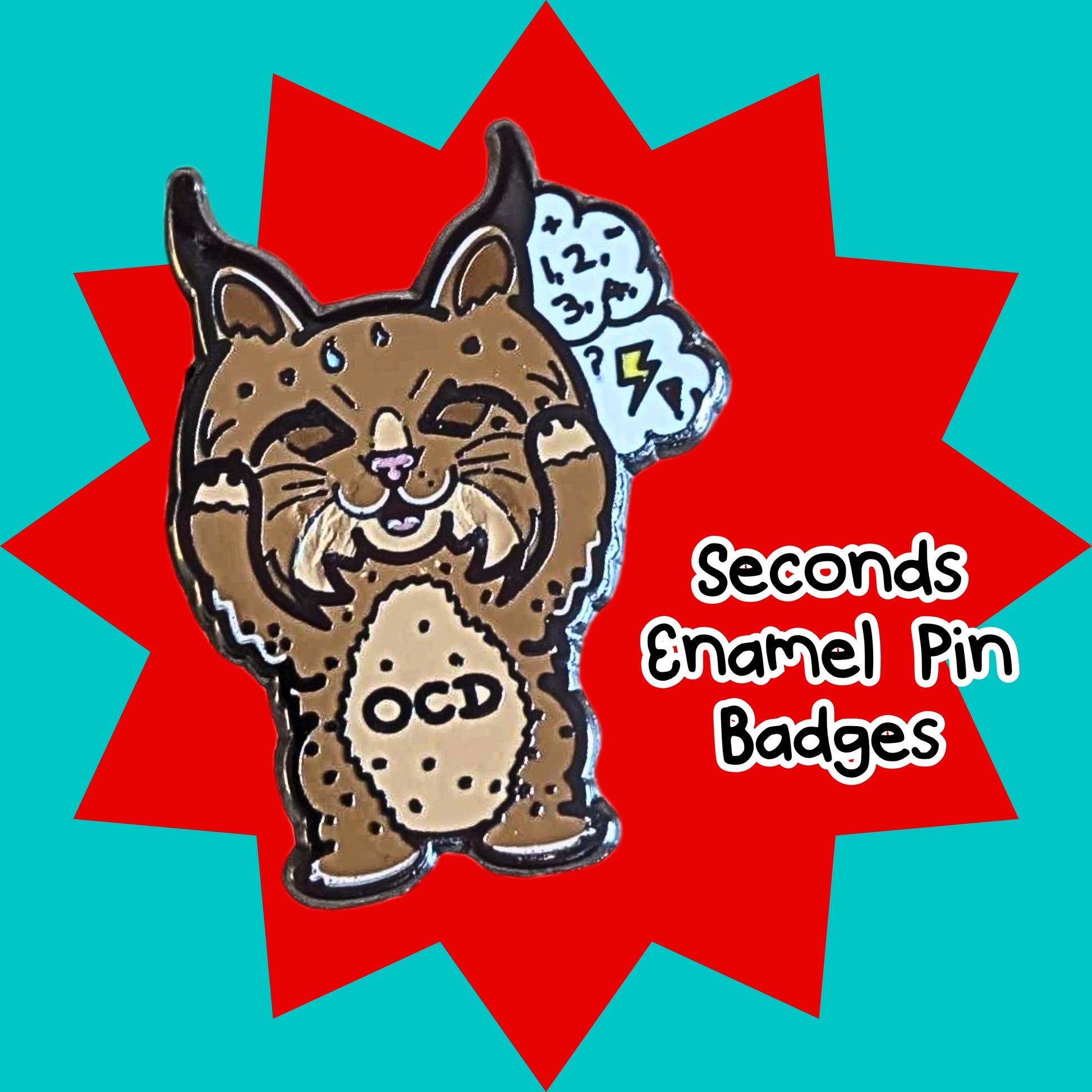 SECONDS Bobsessive Compulsive Disorder Bobcat Enamel Pin by Innabox featuring a cute brown bobcat character holding its head with a worried expression and the letters OCD on its tummy. Speech bubble shows counting numbers and a lightning bolt. Disability inspired enamel badge raising awareness of OCD and hidden disabilities. Imperfect seconds pin with ink filling imperfections.