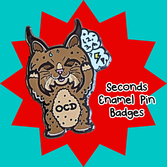 SECONDS Bobsessive Compulsive Disorder Bobcat Enamel Pin by Innabox featuring a cute brown bobcat character holding its head with a worried expression and the letters OCD on its tummy. Speech bubble shows counting numbers and a lightning bolt. Disability inspired enamel badge raising awareness of OCD and hidden disabilities. Imperfect seconds pin with ink filling imperfections.