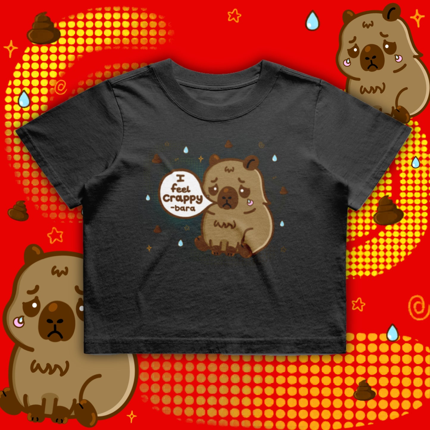 Black oversized T-shirt featuring a sad capybara illustration with the phrase “I feel crappy-bara”. Cute mental health themed graphic tee by Innabox, designed to uplift people with chronic illness and hidden disabilities. Soft cotton unisex T-shirt with playful character design.
