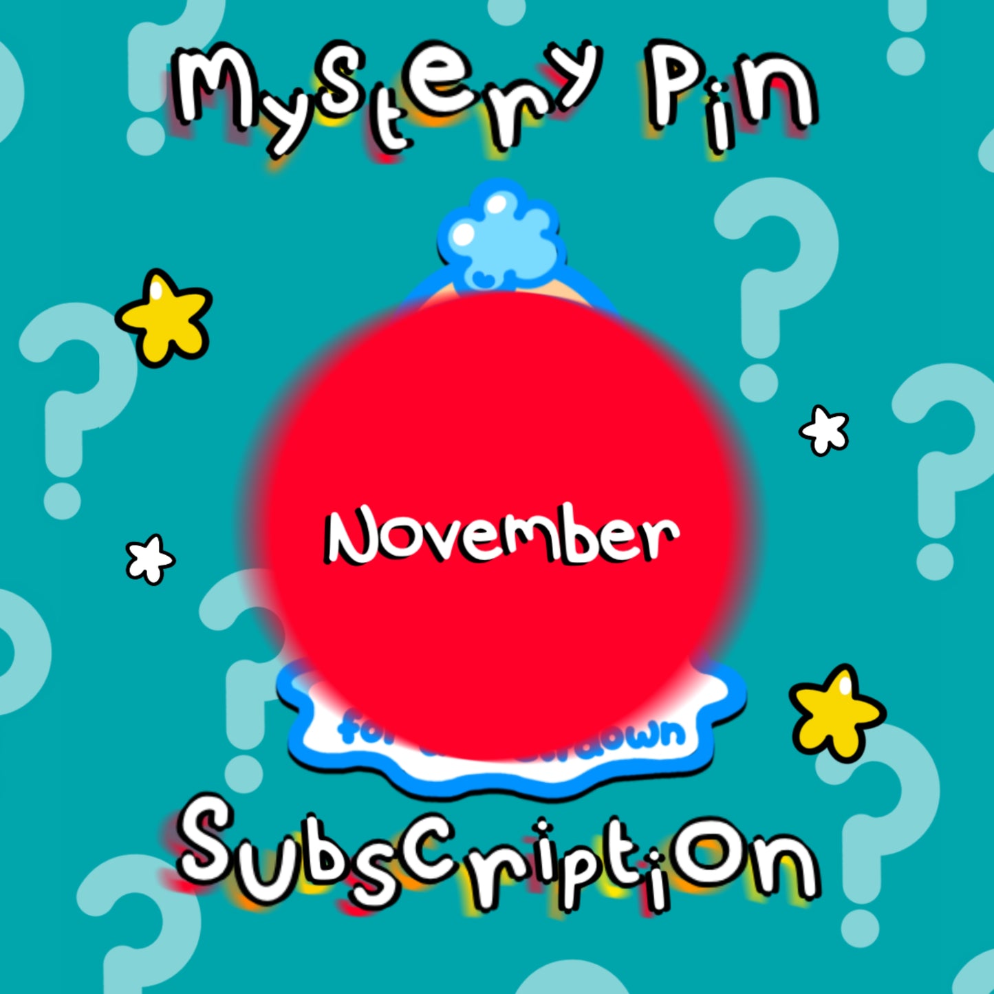 A colourful Innabox graphic promoting the November Mystery Pin Subscription. The background is teal with question marks, stars, and playful cartoon text reading “Mystery Pin Subscription.” A large red circle in the centre hides the mystery design with the word “November” across it, creating a fun surprise element.