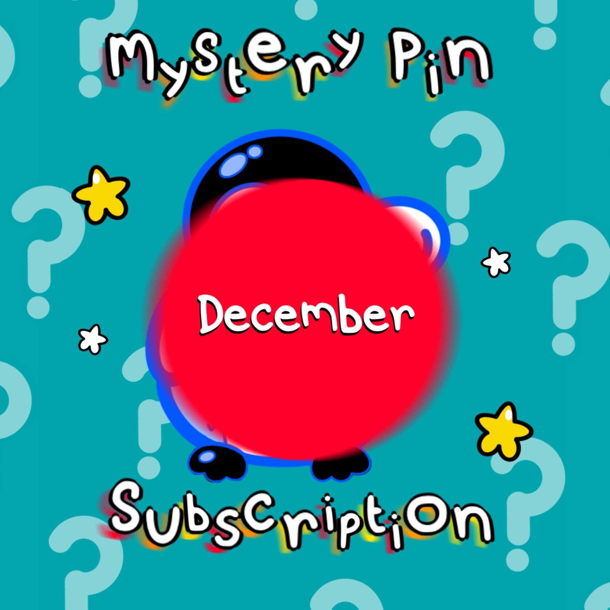 Bright teal promotional graphic for Innabox’s December Theme – Exclusive Mystery Enamel Pin Subscription. The background is filled with pale question marks, yellow stars, and small white sparkles. A large red circle with the word “December” hides the secret pin design. Playful text reads “Mystery Pin Subscription.” Disability inspired, uplifting product.