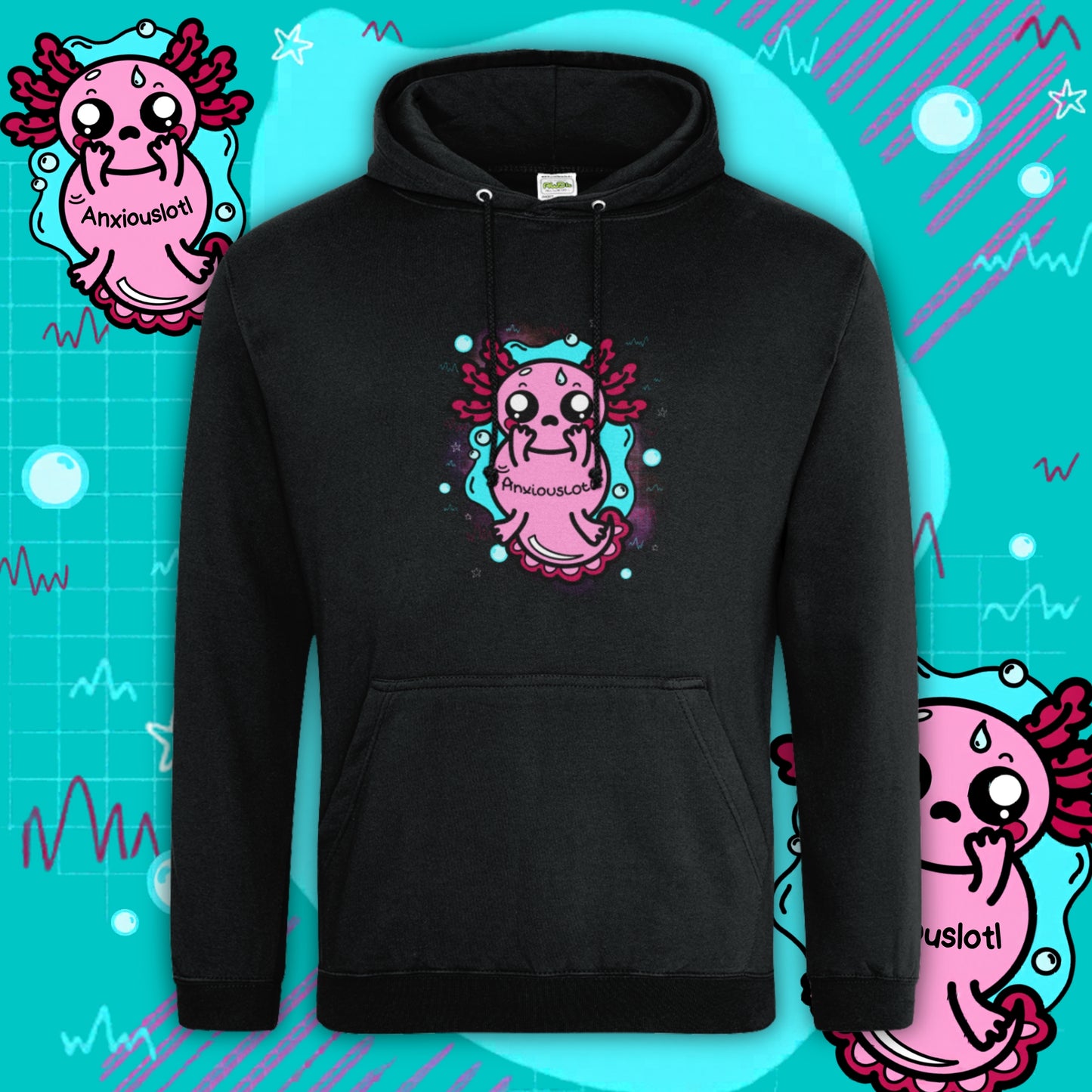 Black hoodie featuring a pink “Anxiouslotl” axolotl illustration on the chest, designed by Innabox. Cute anxiety-themed graphic with cartoon axolotl character and teal accents. Unisex hoodie with front pocket and drawstring hood, part of a disability-inspired collection supporting chronic illness and hidden disabilities.