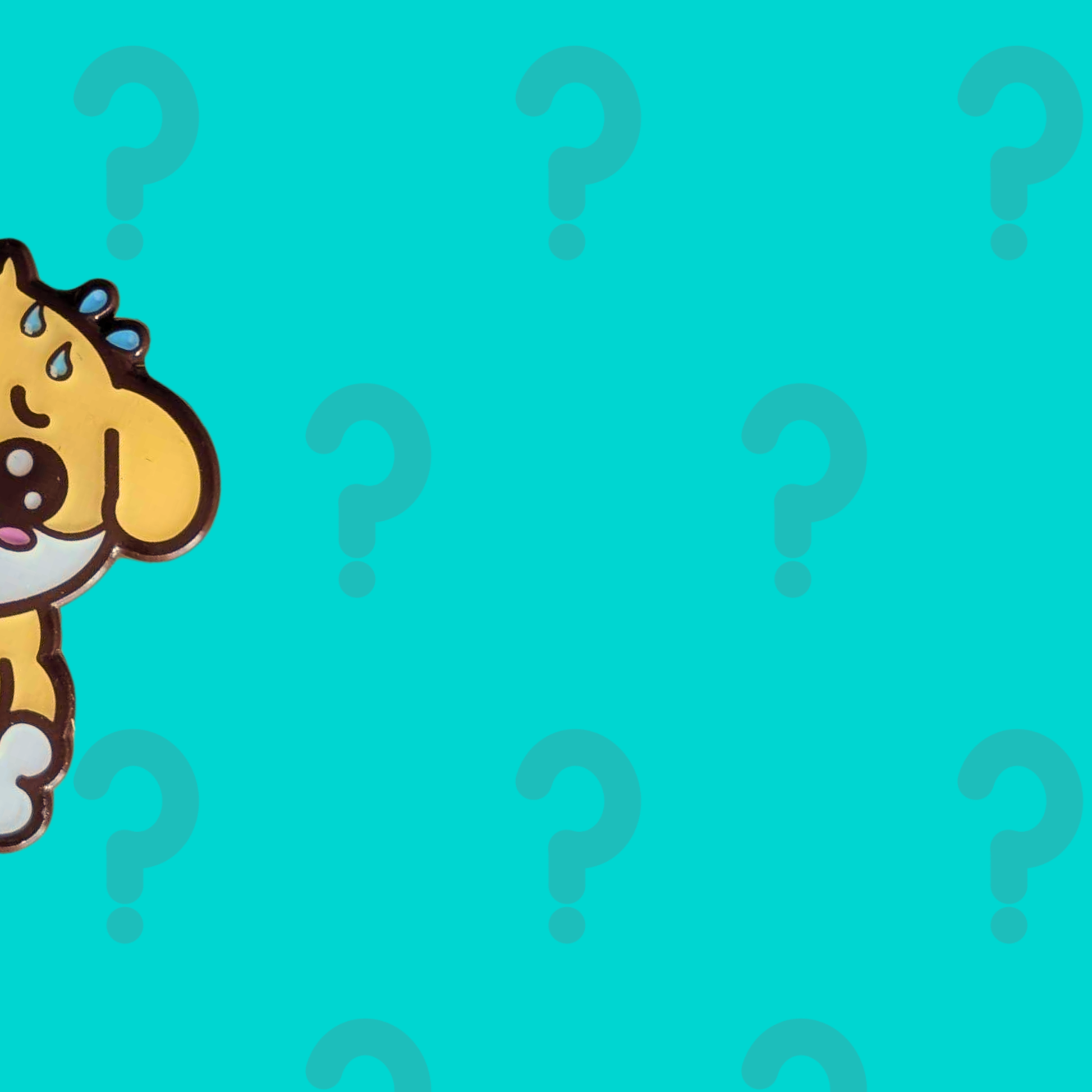 Teaser image for Innabox January mystery enamel pin subscription, featuring a concealed illustrated character and playful question mark pattern.
