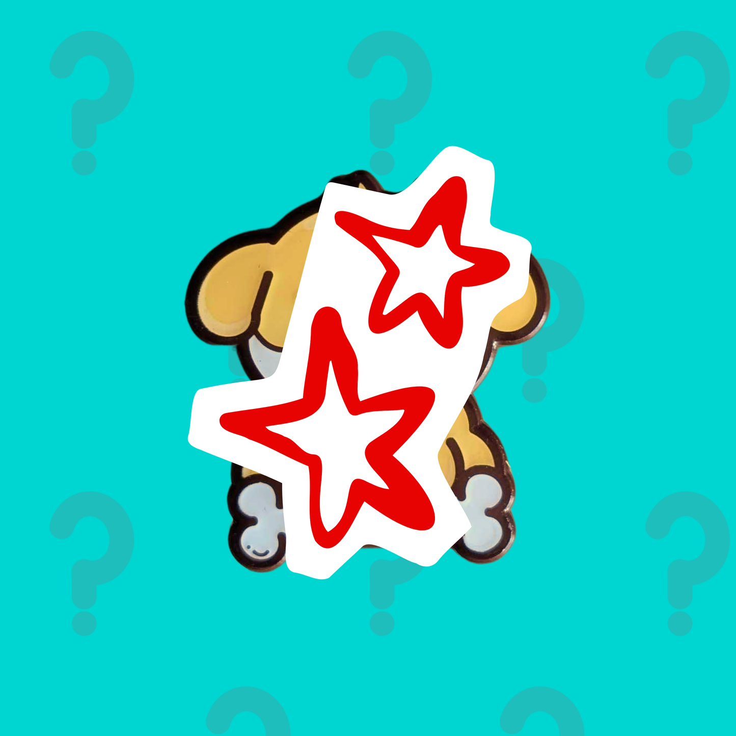 January mystery enamel pin teaser for Innabox subscription, showing a partially hidden character with question marks on a bright teal background.