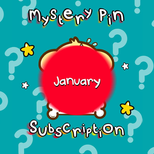 Bright teal promotional graphic for Innabox’s January Theme – Exclusive Mystery Enamel Pin Subscription. The background is filled with pale question marks, yellow stars, and small white sparkles. A large red circle with the word “January” hides the secret pin design. Playful text reads “Mystery Pin Subscription.” Disability inspired, uplifting product.