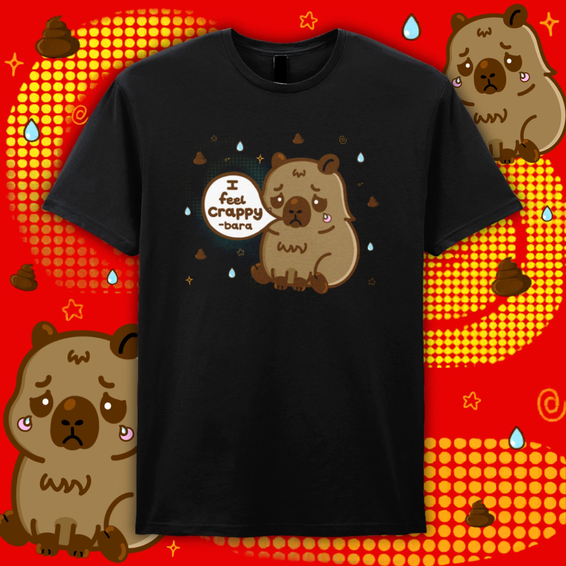 Black cotton t-shirt featuring a cute sad capybara illustration with the text “I feel crappy-bara”. Surrounded by small doodles and soft colours, this Innabox design promotes disability awareness and emotional expression for people with chronic illness and hidden disabilities.