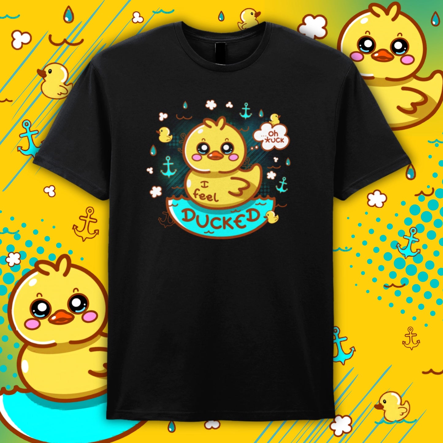 Black Innabox “I Feel Ducked” T-shirt featuring a cute yellow duck illustration with teal and orange accents. The duck sits in water with anchors and bubbles, with playful text including “I feel ducked” and a speech bubble reading “oh *uck”. Disability inspired clothing designed to uplift those with chronic illness and hidden disabilities.
