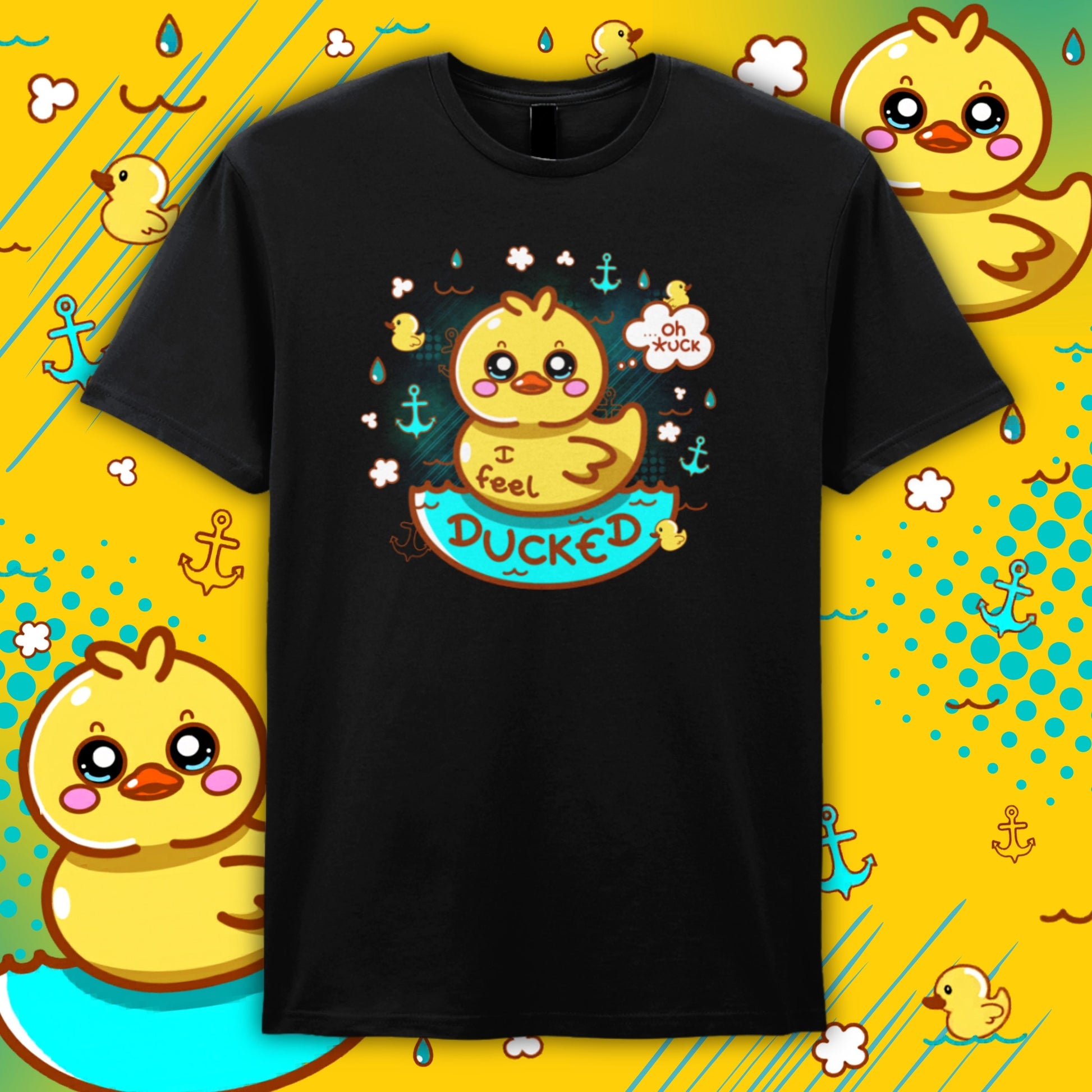 Black Innabox “I Feel Ducked” T-shirt featuring a cute yellow duck illustration with teal and orange accents. The duck sits in water with anchors and bubbles, with playful text including “I feel ducked” and a speech bubble reading “oh *uck”. Disability inspired clothing designed to uplift those with chronic illness and hidden disabilities.
