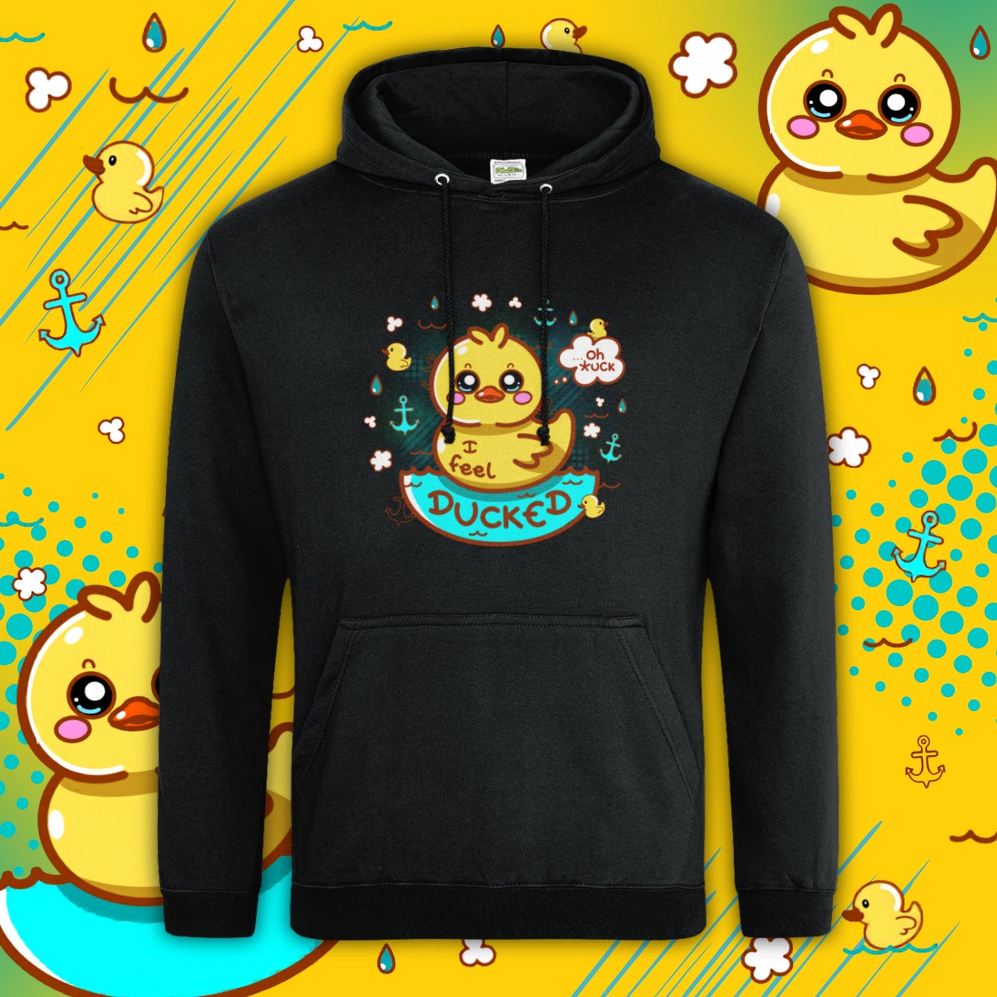 Black “I Feel Ducked” hoodie by Innabox featuring a cute yellow duck illustration with water droplets, anchors and playful text. Disability inspired clothing designed to uplift those with chronic illness and hidden disabilities. Soft cotton blend hoodie with front pouch pocket and drawstring hood.
