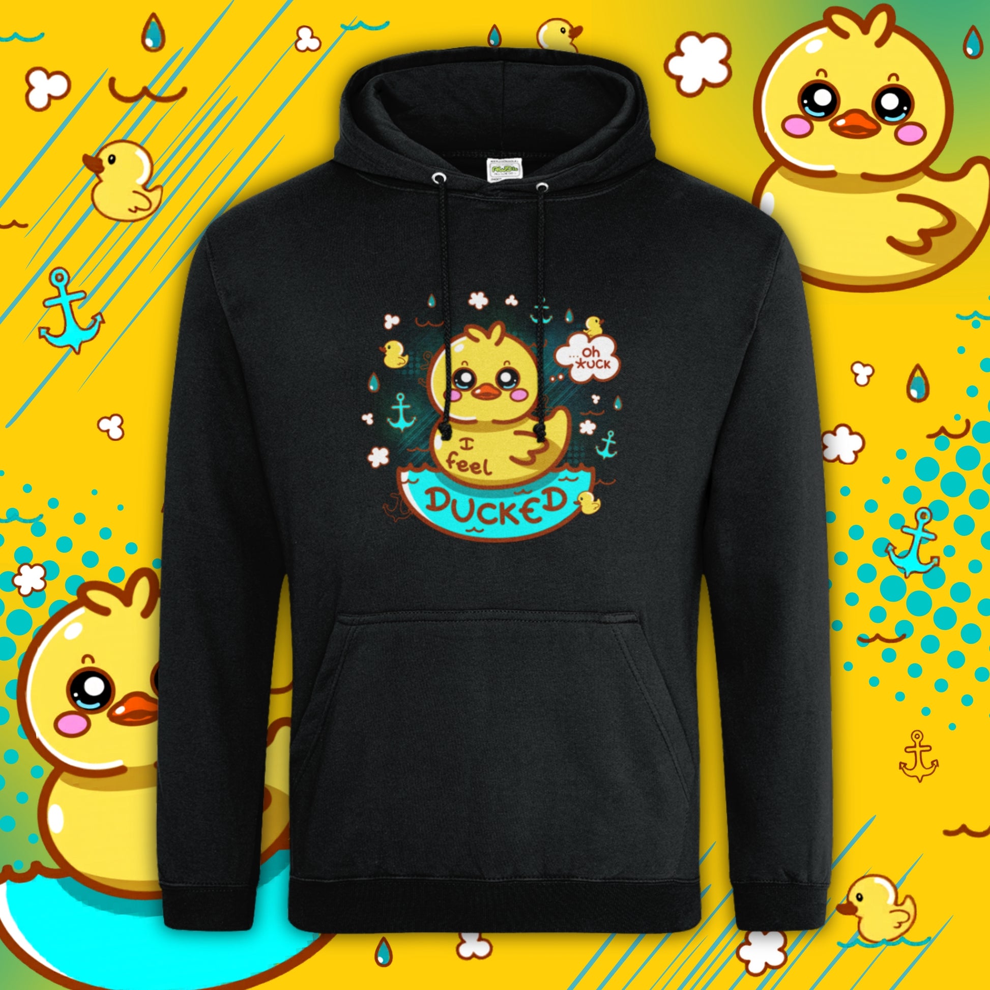 Black “I Feel Ducked” hoodie by Innabox featuring a cute yellow duck illustration with water droplets, anchors and playful text. Disability inspired clothing designed to uplift those with chronic illness and hidden disabilities. Soft cotton blend hoodie with front pouch pocket and drawstring hood.
