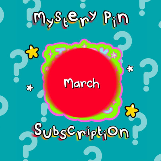 Promotional graphic for Innabox March Theme Exclusive Mystery Enamel Pin Subscription with bold Mystery Pin text, stars and a red circle covering the design on a teal question mark background. Disability inspired enamel pin subscription supporting chronic illness and hidden disability communities.

