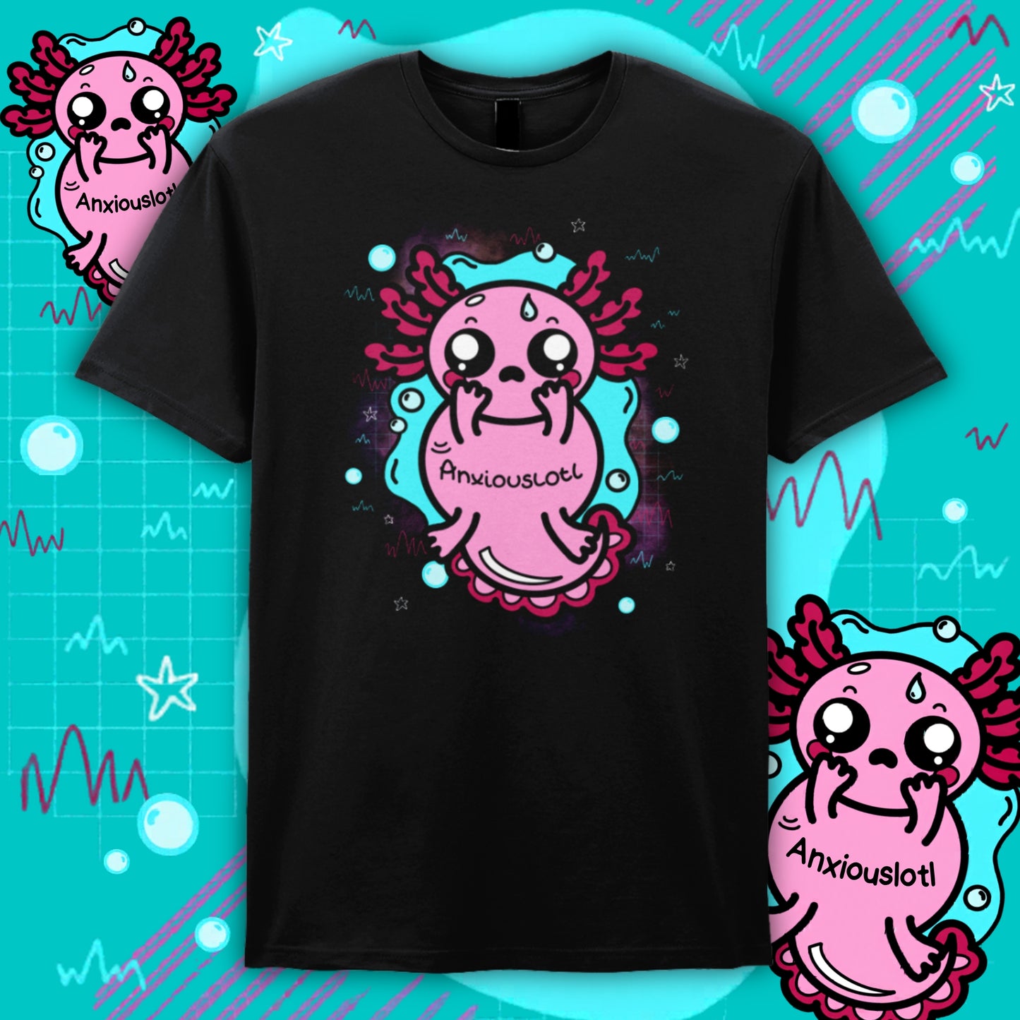 Black cotton t-shirt featuring a cute pink axolotl character labelled “Anxiouslotl”, surrounded by teal and abstract shapes. The cartoon axolotl looks worried with a small sweat drop, representing anxiety in a gentle and relatable way. Designed by Innabox, a brand creating uplifting disability inspired products for chronic illness and hidden disabilities.