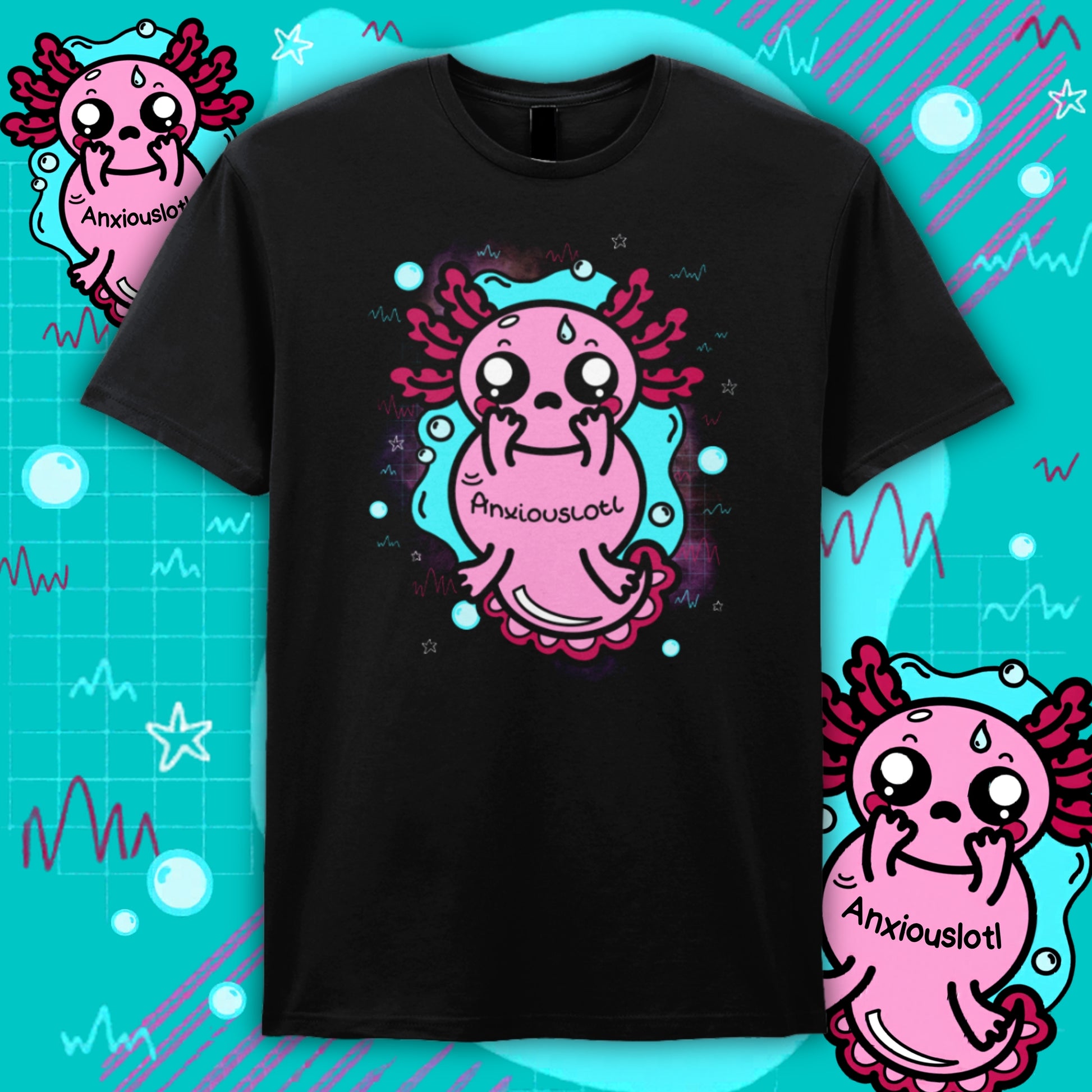 Black cotton t-shirt featuring a cute pink axolotl character labelled “Anxiouslotl”, surrounded by teal and abstract shapes. The cartoon axolotl looks worried with a small sweat drop, representing anxiety in a gentle and relatable way. Designed by Innabox, a brand creating uplifting disability inspired products for chronic illness and hidden disabilities.