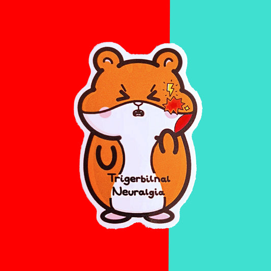 The Trigerbilnal Neuralgia Gerbil Sticker - Trigeminal Neuralgia on a red and blue background. A brown gerbil sticker with a pained expression clutching its jaw that has a red explosion and yellow lightning bolt, across its middle in black reads 'Trigerbilnal Neuralgia'. The hand drawn design is raising awareness for Trigeminal Neuralgia TN.