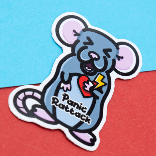Panic Rattack mental health sticker by Innabox featuring a cartoon rat clutching a heart and lightning bolt.