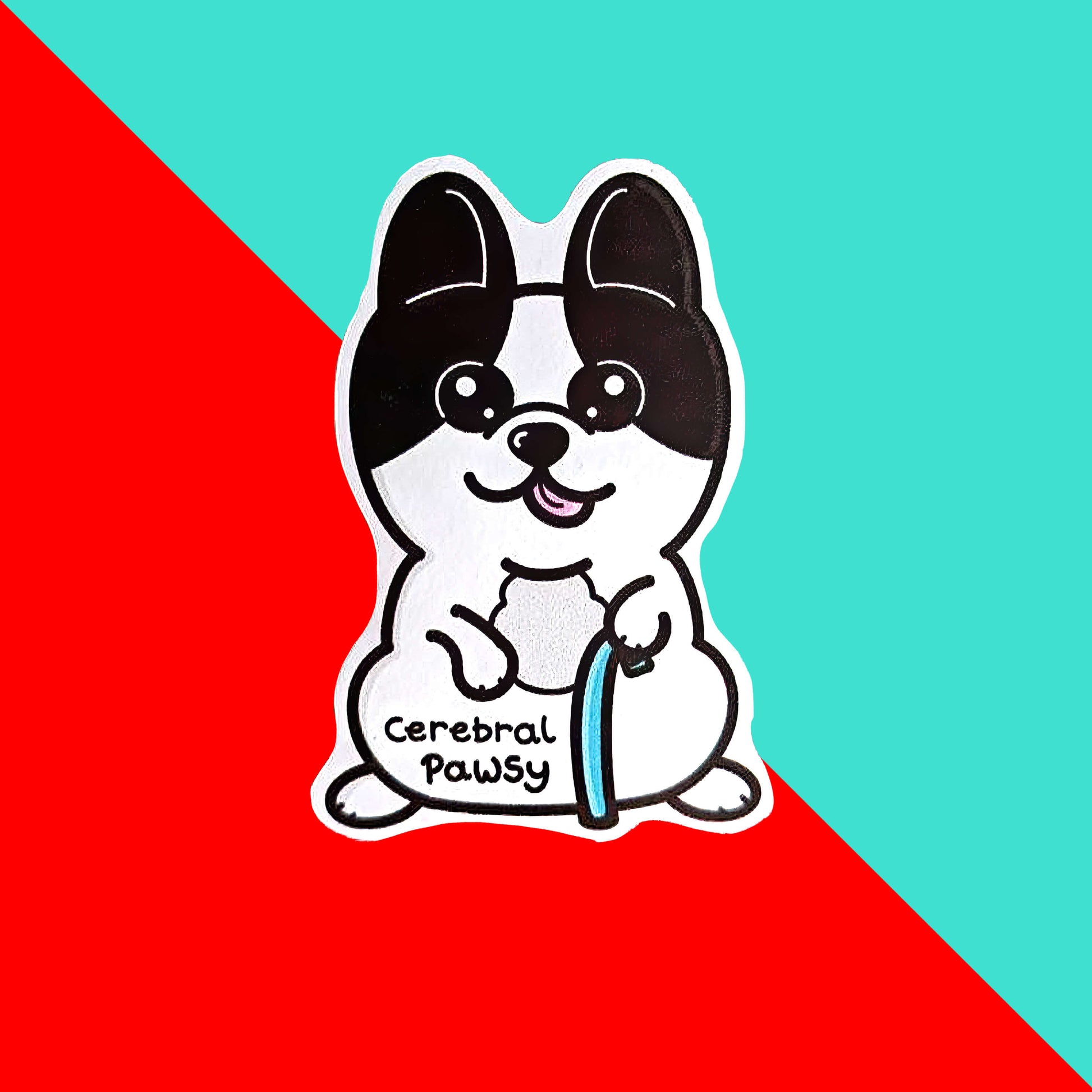 The Cerebral Pawsy Sticker - Cerebral Palsy on a red and blue background. The sticker is a white and black dog with big eyes and pointy ears. The dog has it's pink tongue out and is standing on his back legs while holding a blue walking aid. 'Cerebral Pawsy' is written in black under it's tummy.